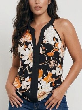 SHEIN Black Floral Halter Top with Orange & White Blooms